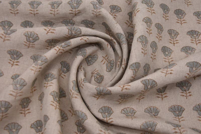 Premium Hand Block Print Brown Floral Pure linen Fabric - Kohinoor