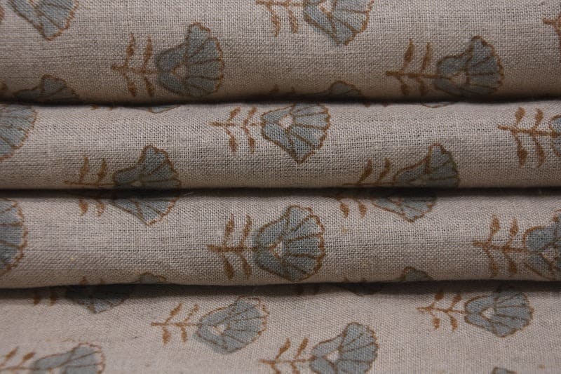 Premium Hand Block Print Brown Floral Pure linen Fabric - Kohinoor