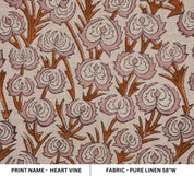 Premium Hand Block Print Brown Pure Linen Fabric - Heart Vine