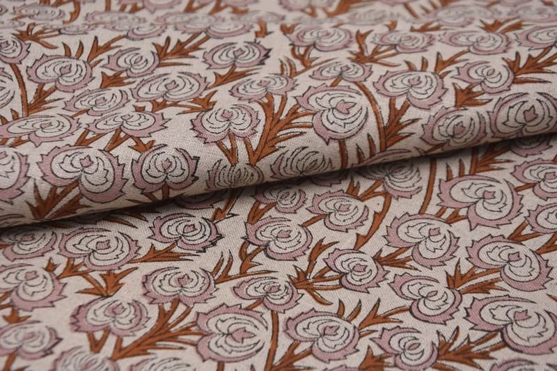 Premium Hand Block Print Brown Pure Linen Fabric - Heart Vine