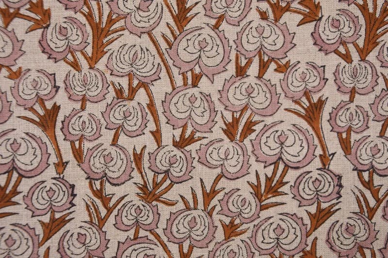 Premium Hand Block Print Brown Pure Linen Fabric - Heart Vine