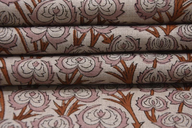 Premium Hand Block Print Brown Pure Linen Fabric - Heart Vine