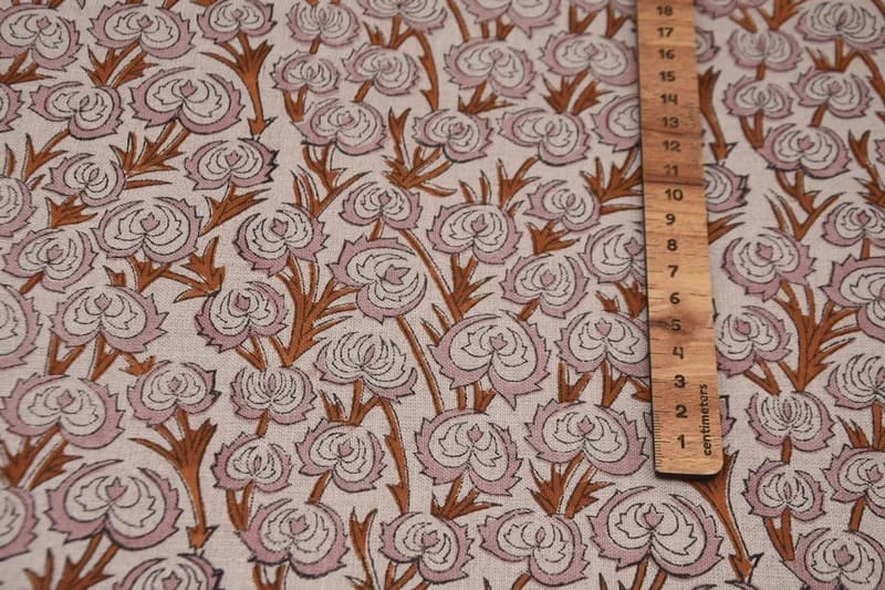 Premium Hand Block Print Brown Pure Linen Fabric - Heart Vine