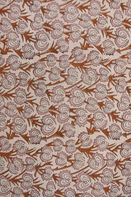 Premium Hand Block Print Brown Pure Linen Fabric - Heart Vine