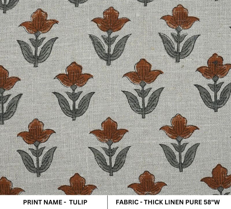 Premium Hand Block Print Brown Thick Linen Pure Fabric - Tulip