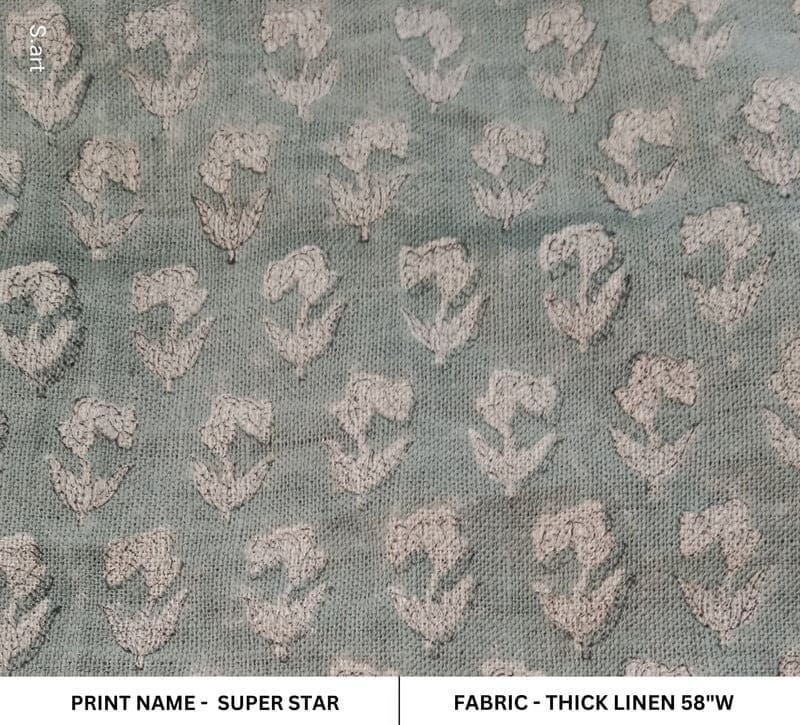 Premium Hand Block Print Gray Floral Linen Fabric For Curtains - Super Star