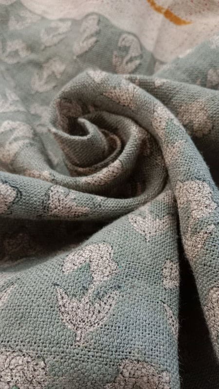 Premium Hand Block Print Gray Floral Linen Fabric For Curtains - Super Star
