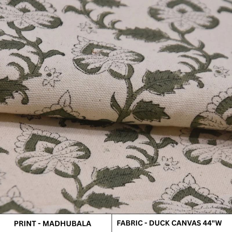 Premium Hand Block Print Green Floral Duck Canvas Fabric - Madhubala