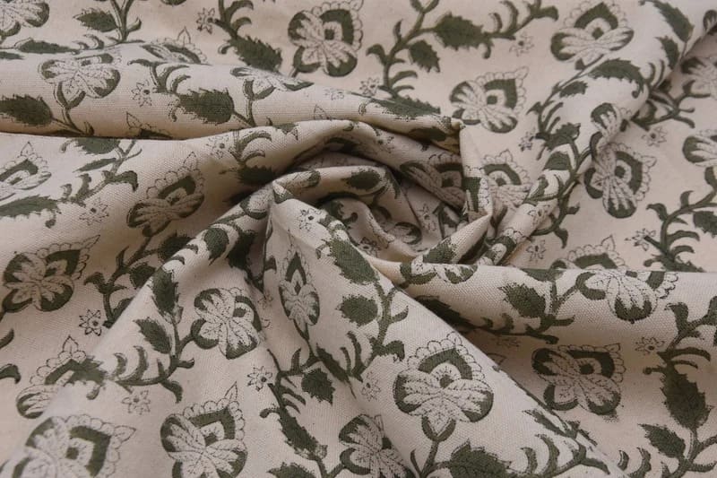Premium Hand Block Print Green Floral Duck Canvas Fabric - Madhubala