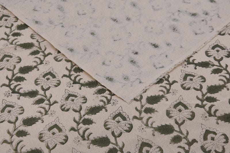 Premium Hand Block Print Green Floral Duck Canvas Fabric - Madhubala