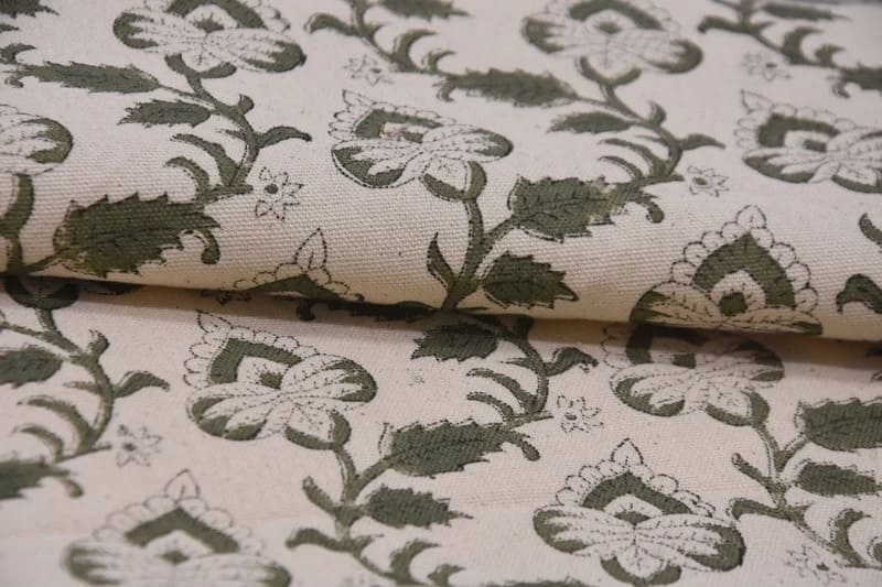 Premium Hand Block Print Green Floral Duck Canvas Fabric - Madhubala