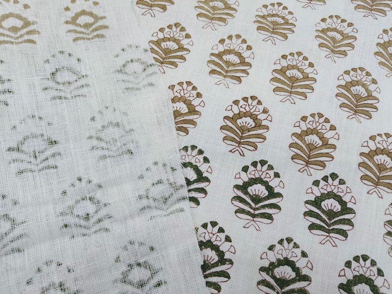 Premium Handcrafted Block Print  Green Pure Linen Fabric – Bheeshma