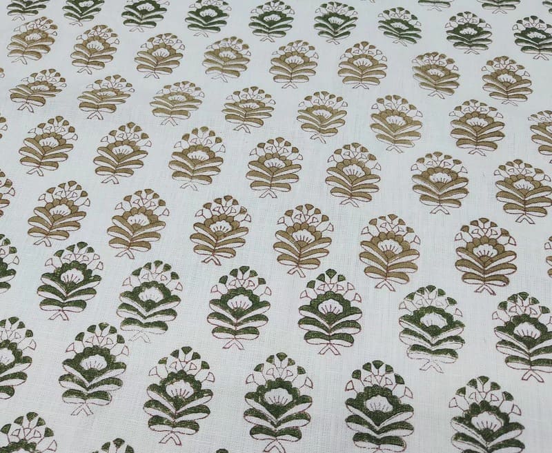 Premium Handcrafted Block Print  Green Pure Linen Fabric – Bheeshma