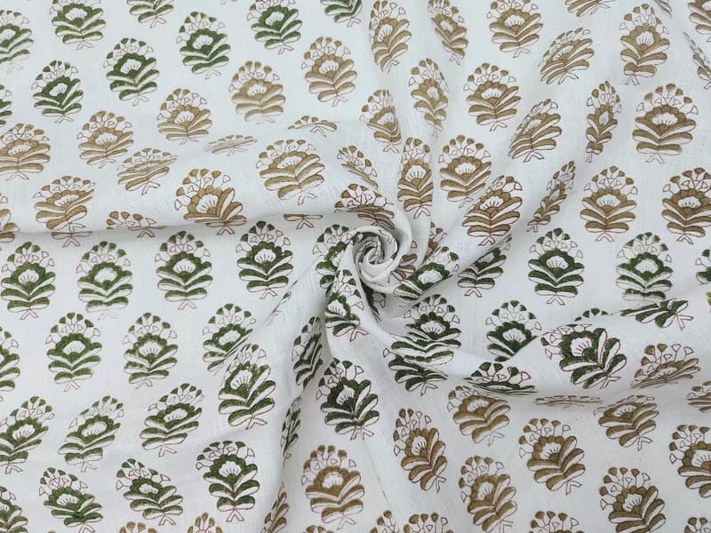 Premium Handcrafted Block Print  Green Pure Linen Fabric – Bheeshma