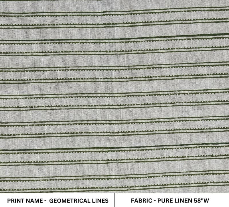 Premium Hand Block Print Sage Green Pure Linen Fabric – Geometrical Line