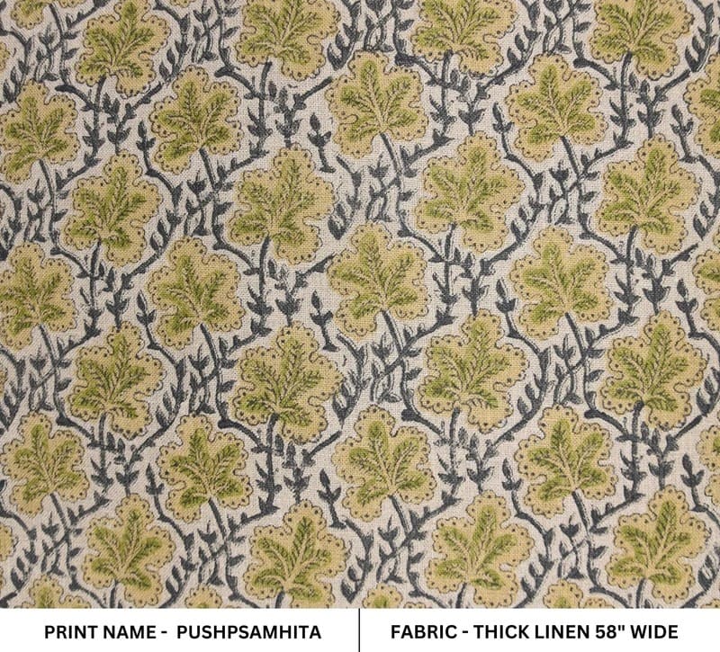 Premium Hand Block Print Green Thick Linen Fabric - Pushp Samhita