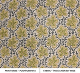 Premium Hand Block Print Green Thick Linen Fabric - Pushp Samhita