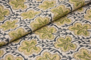 Premium Hand Block Print Green Thick Linen Fabric - Pushp Samhita