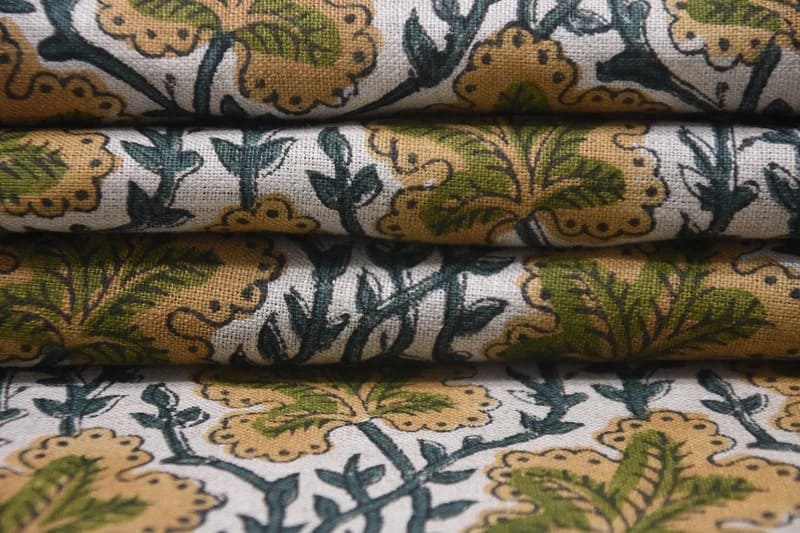 Premium Hand Block Print Green Thick Linen Fabric - Pushp Samhita
