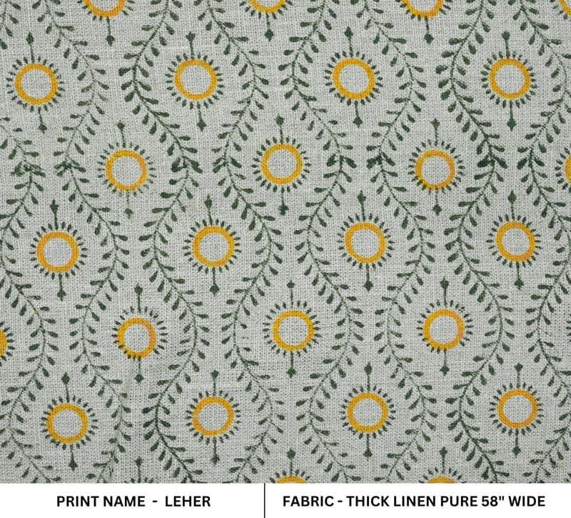Premium Hand Block Print Mustard Thick Linen Pure Fabric - Lehar