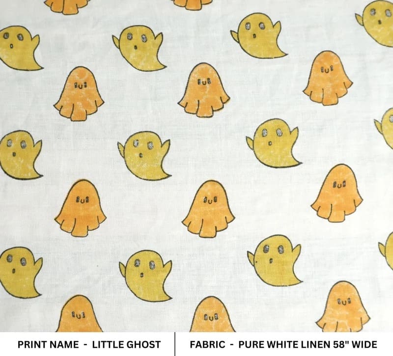 Premium Hand Block Print Mustard  Pure White Linen Fabric - Little Ghost