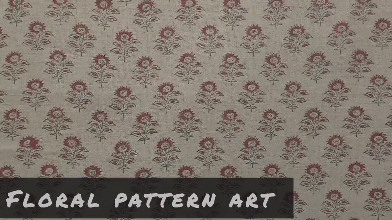Indian Artisan Hand Printed Heavy Linen Fabric in Brown Floral Pattern for Napkins and Lamp Shade - BAGRU BUTTI