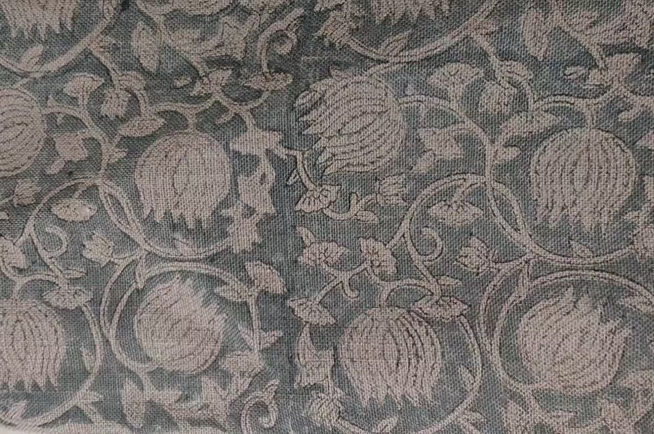 Handmade Artisan Block Printed Thick Linen Beige and Gray Floral 58" Wide Fabric For Tablecloths – Kamal Jaal