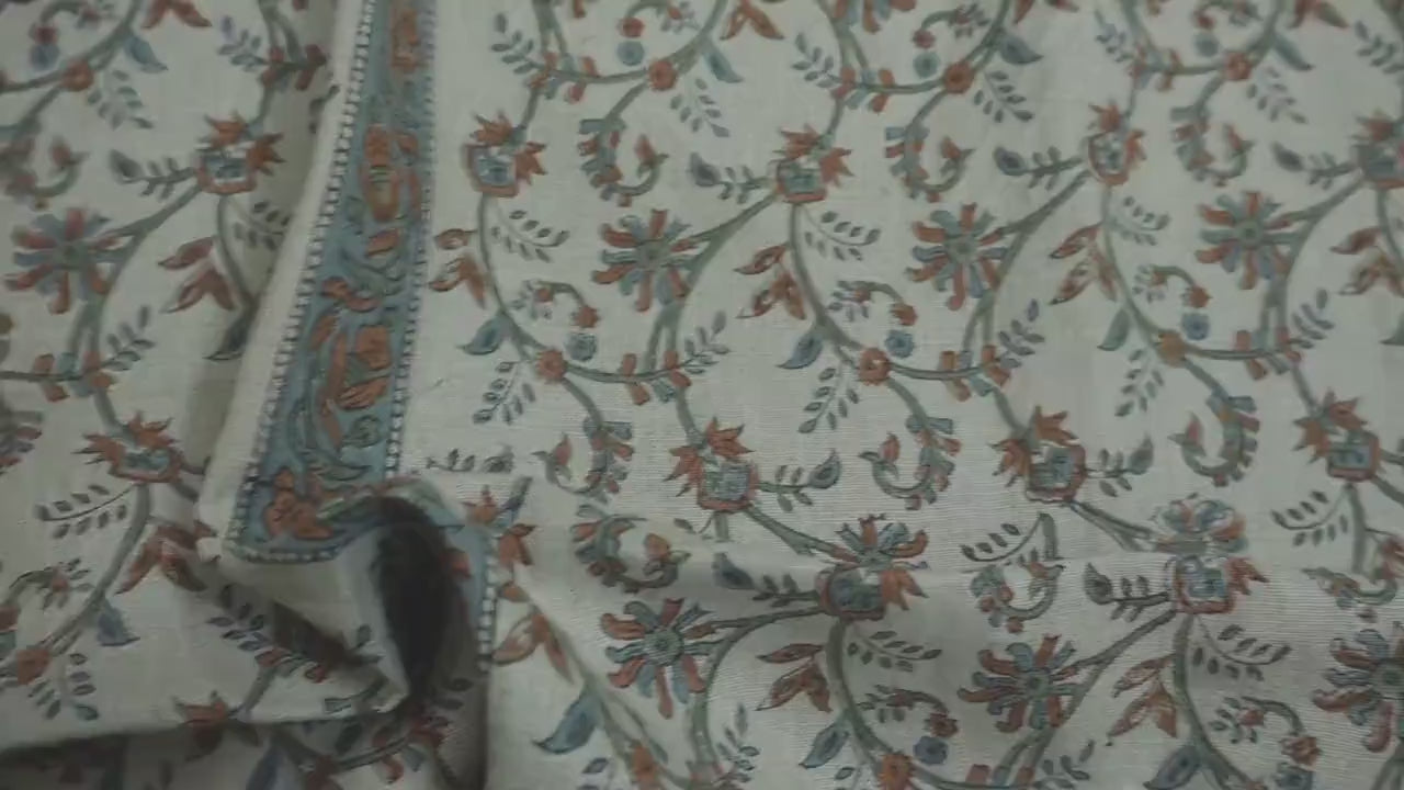 Traditional Block Printed Premium Pure Linen Brown and Blue Floral Fabric for Napkins & Curtains - VARANASI