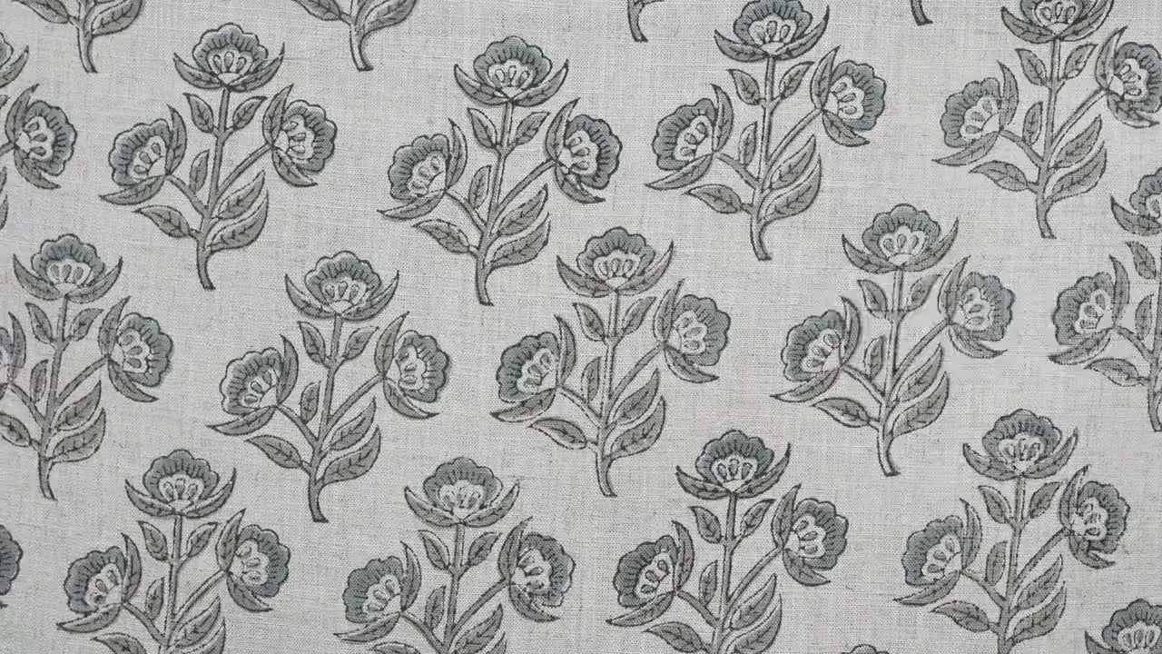 Handmade Art Viscose Linen Fabric for Roman Shade Decor with Bael Patra Print in Gray leaf