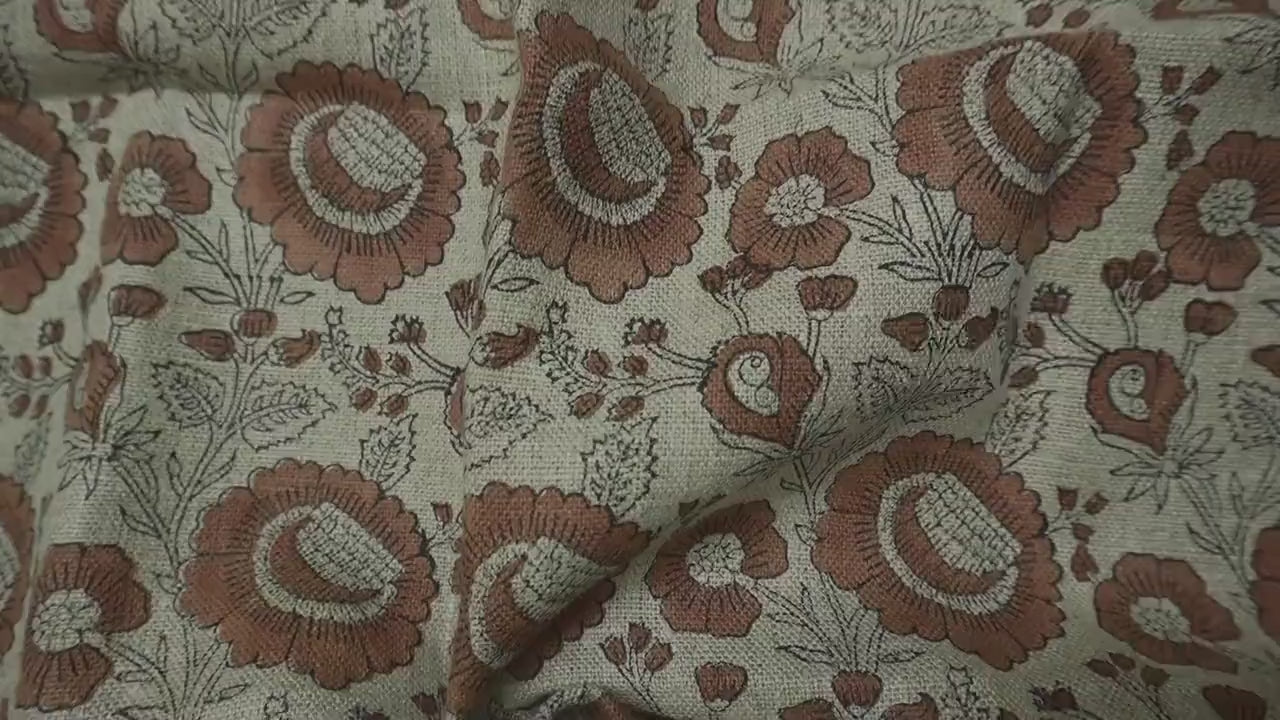 Block Printed Decorative Brown and Gray Floral Thick Linen Fabric for Curtains – SUN FLOWER