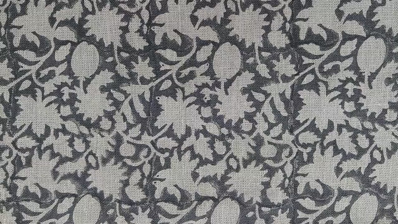 Thick Linen Hand Block Printed Fabric Gray Floral Design for Pillow Covers & Curtains - Manikarnika