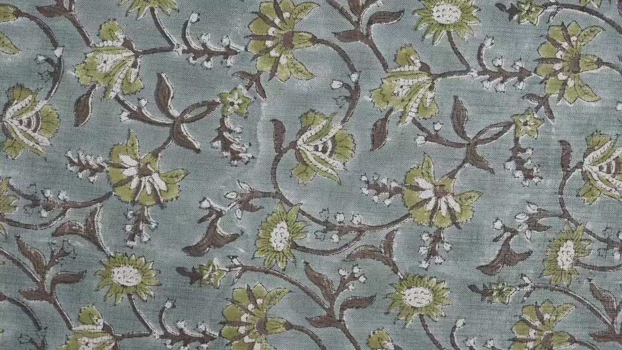 Hand Printed Viscose Linen Blueish, Brown & Green Floral Fabric for Table Covers & Napkins - NAAYAB