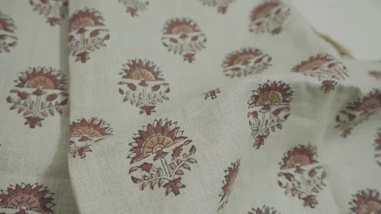 Hand Block Printed Decorative Pure Linen Brown and Gray Floral Fabric for Living Room Decor - INDERJEET