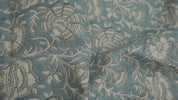 Blue and Pastel Brown Floral Hand Block Printed Pure Linen Fabric for Bedding & Cushions - SONAKSHI