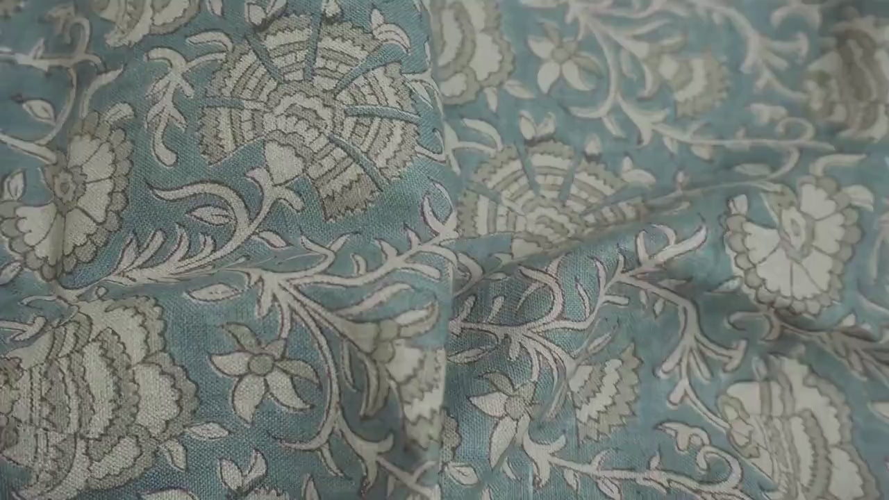 Blue and Pastel Brown Floral Hand Block Printed Pure Linen Fabric for Bedding & Cushions - SONAKSHI