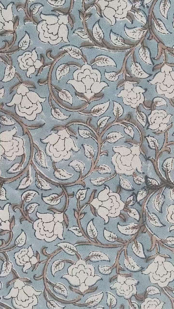 Handmade Block Printed Duck Canvas Fabric in Bluish & Beige Floral for Decorative Cushion & Curtain Covers - Amritvela