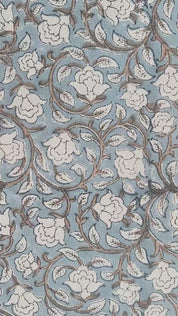 Handmade Block Printed Duck Canvas Fabric in Bluish & Beige Floral for Decorative Cushion & Curtain Covers - Amritvela