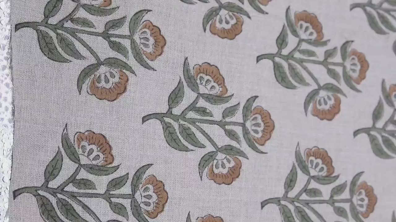 Indian Block Printed Premium Pure Linen Cushion Fabric in Bronze and Gray Floral for Curtains & Upholstery Drapery - BAELPATRA