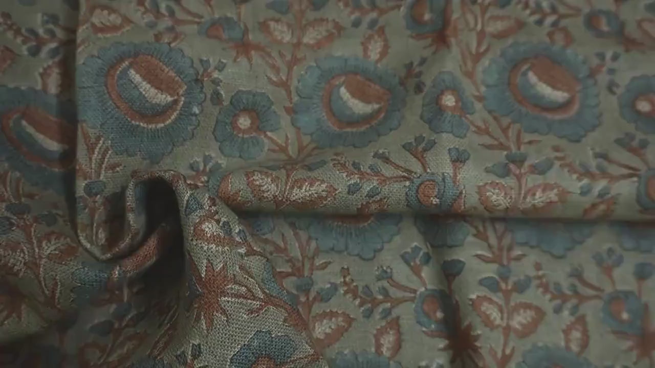 Handmade Block Printed Thick Linen Bornze and Blueish Floral Fabric for Curtains Boho Decorative – SUN FLOWER