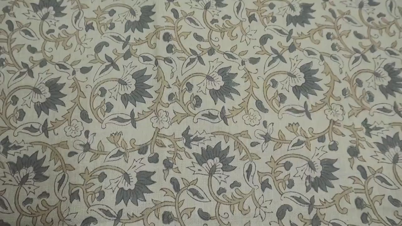 Handcrafted Block Print Gray and Pastel Brown Floral Linen Blend Fabric for Cushions & Window Curtains - MADHAV