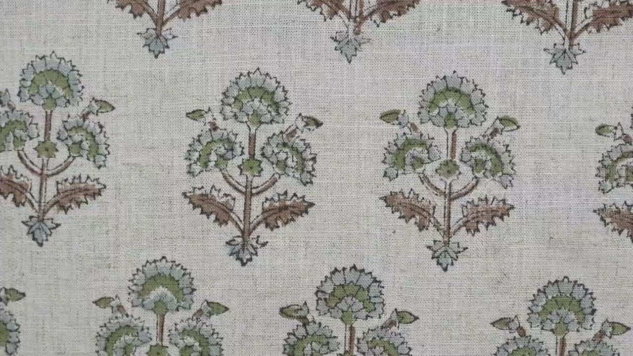 Block Printed Handmade Indian Viscose Linen Fabric in Brown & Green Floral for Curtains – Traffic Light
