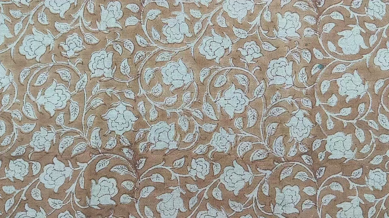 Pastel Brown and Blue Mini Floral Hand Block Printed Premium Pure Linen Fabric for Pillows & Cushions Cover - Amritvela