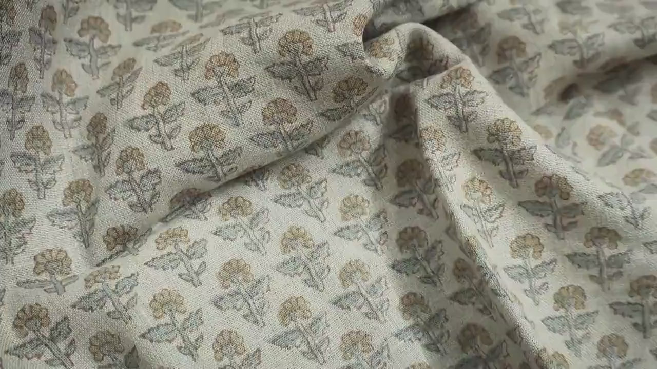Pure Linen Hand Block Printed Gray and Sage Green Floral Fabric for Table Napkins & Decorative Home Accents - GULMOHAR