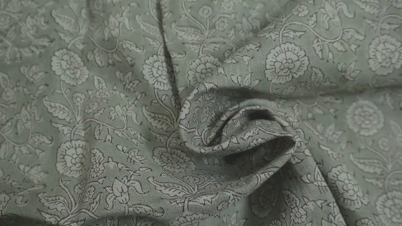 Handcrafted Throw Pure Linen Block Printed Sage Green Floral Window Fabric for Farmhouse Decor - SHILONG