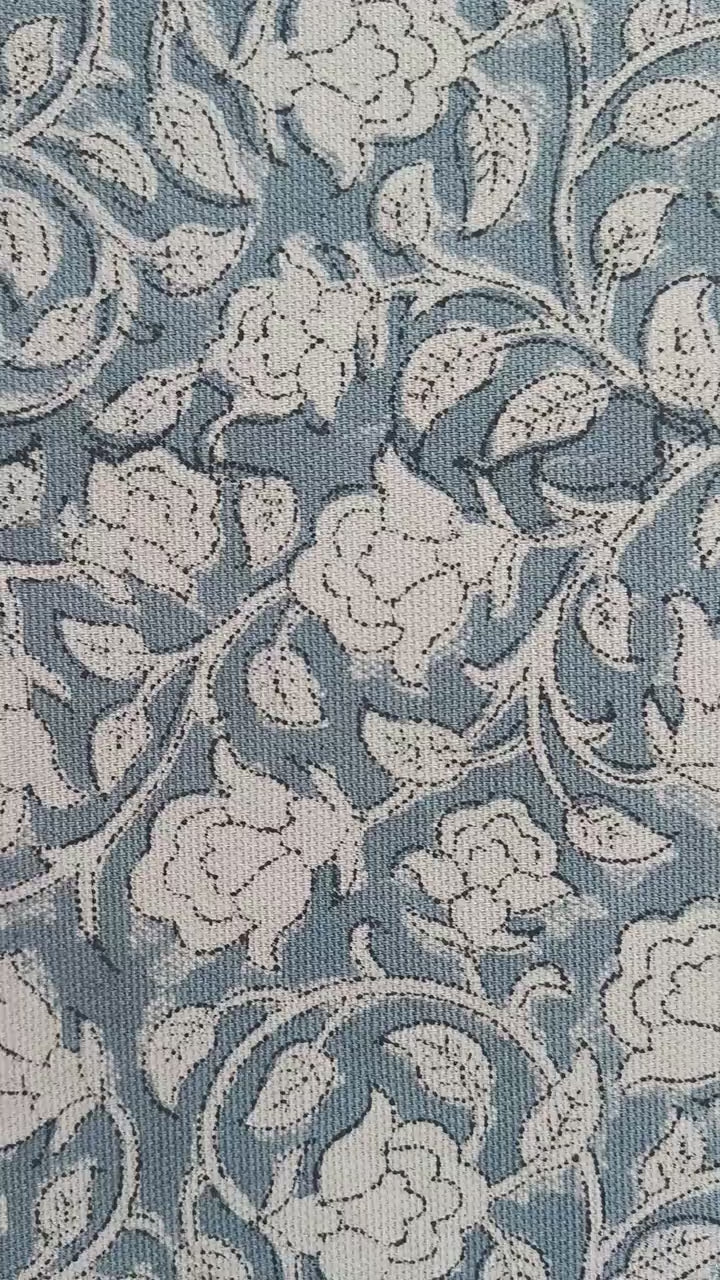Handmade Block Printed Blue & Beige Duck Canvas 50" Wide Indian Artisan Fabric for Cushion Covers & Home Decor - Amritvela