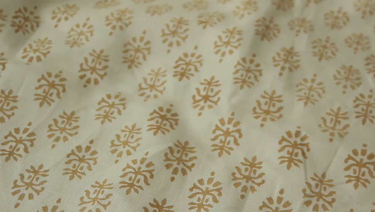 Handmade Off-White Linen Fabric 58'' Wide in Sage Green & Bronze Floral Block Print for Cushion Covers - Kashi