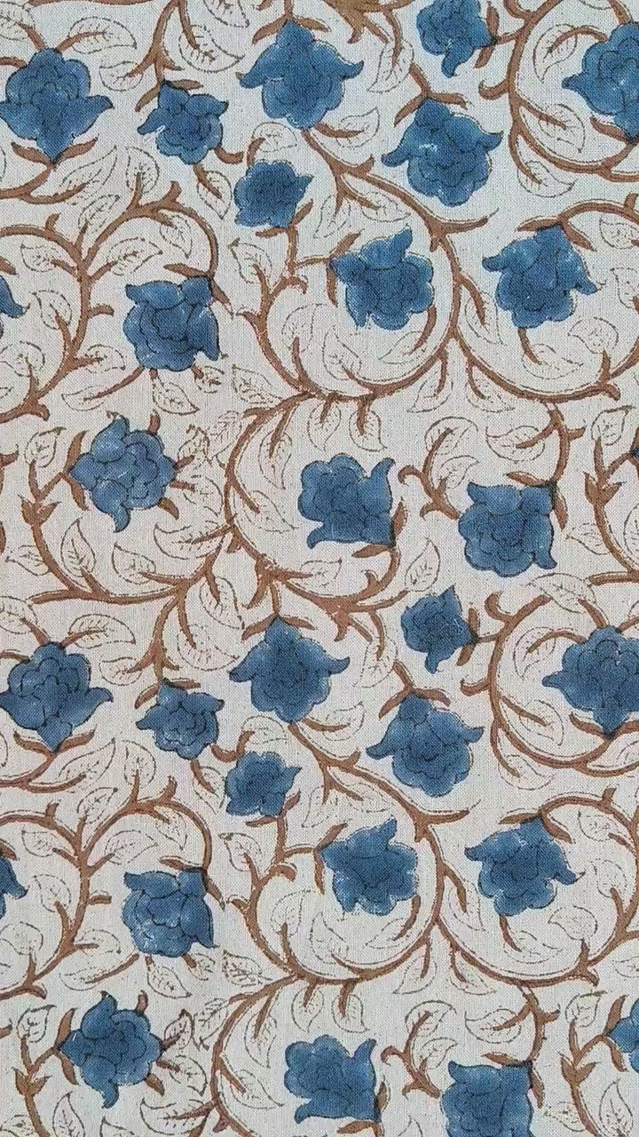 Indian Made Block Printed 100% Pure Linen Fabric in Blue and Brown Floral Living Room Decor - Amritvela