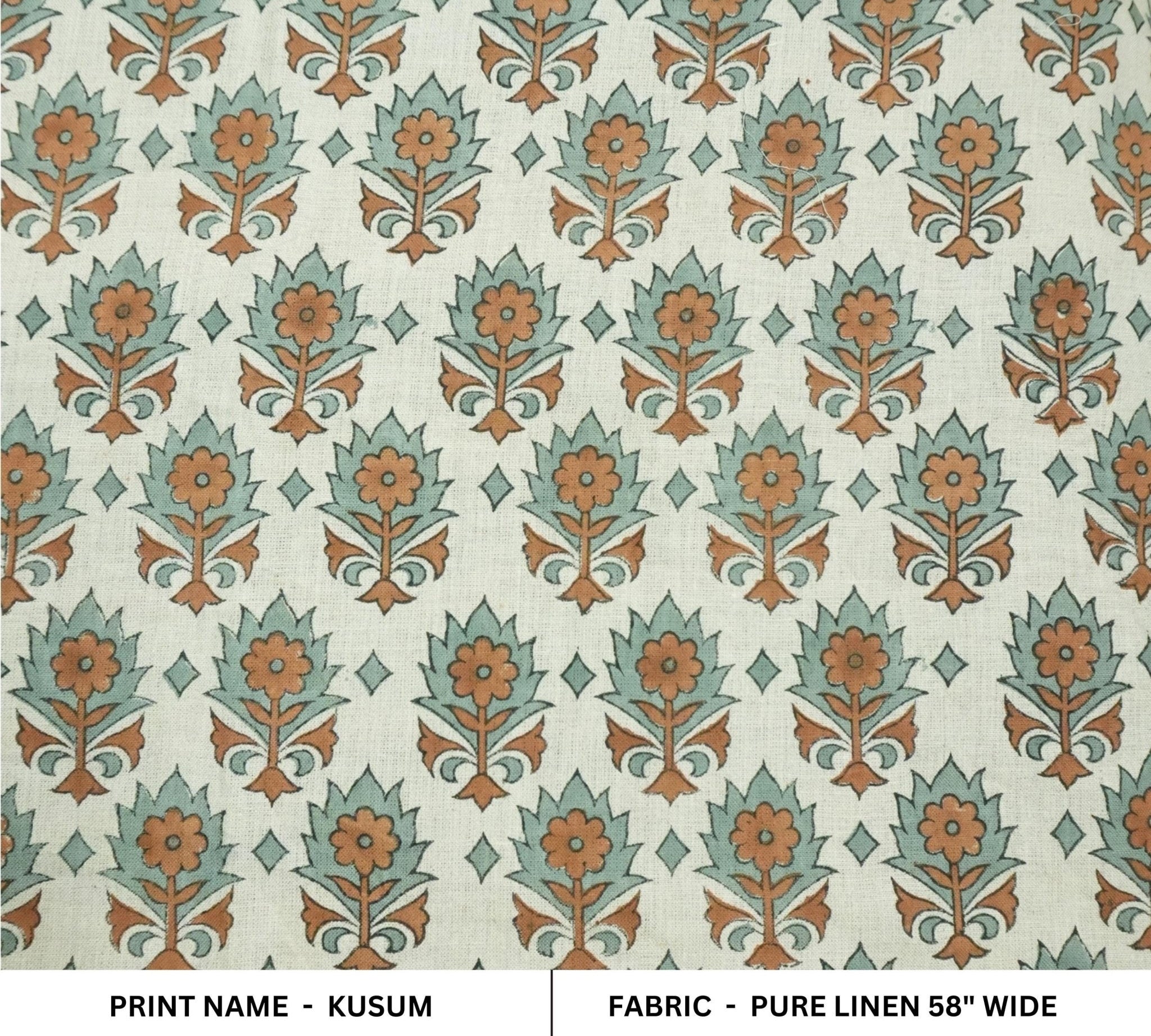 Patterned fabric with floral design on a beige background, labeled 'Kusum'.