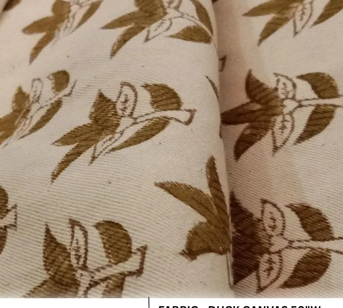 Duck canvas fabric with brown leaf pattern on beige background