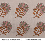 Handcrafted Block Printed Rosy Pink and Gray Floral Pure Linen Fabric - SUMMER FLOWER